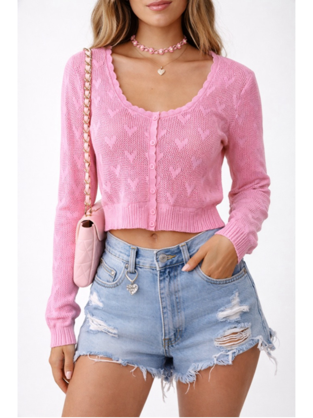 LoveShackFancy Venice Cropped Cardigan Pink Heart Knit Button Sweater Small